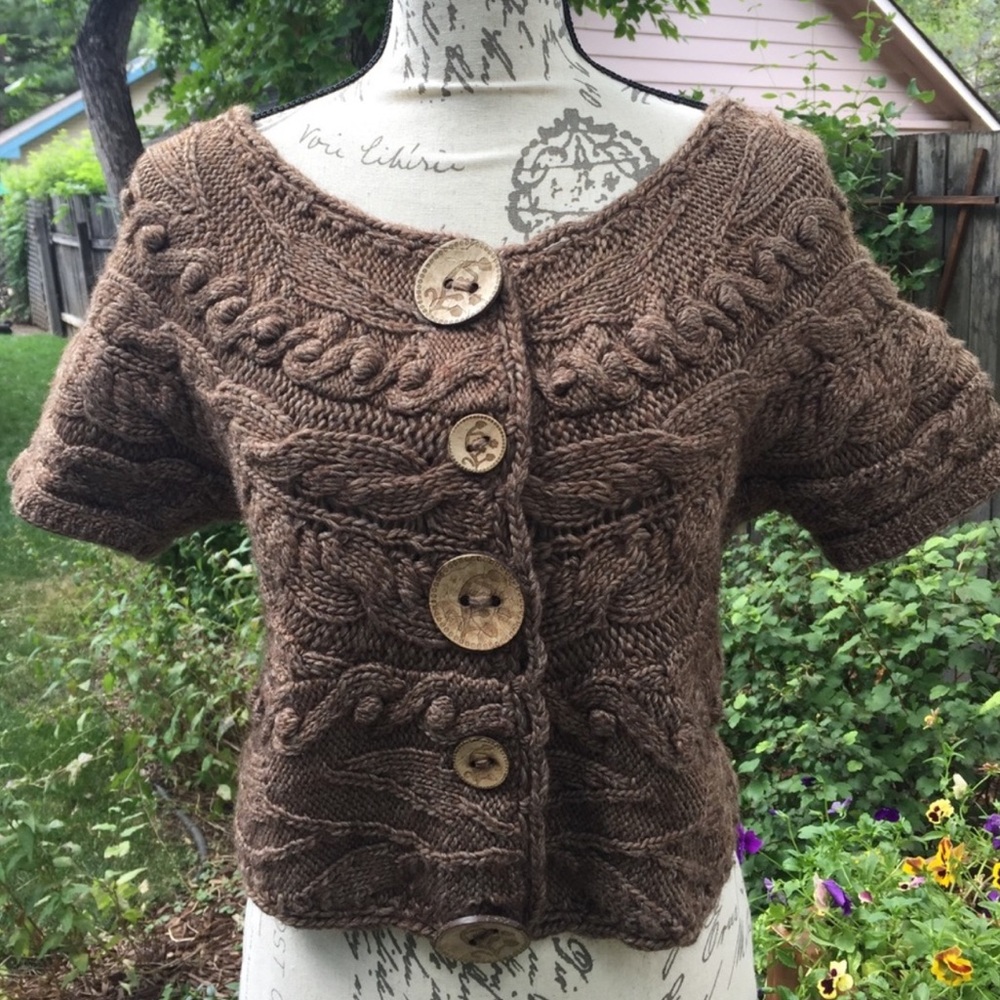 Anthropologie—Cropped Brown Cabled Button Sweater Cardigan Cottagecore—Medium